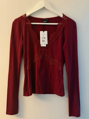 Röd spets topp - Vinröd långärmad topp från Gina Tricot med v-ringning och dekorativa spetsdetaljer längs halsringningen och över bysten. Helt ny, för liten för mig och tappat kvittot. 180kr + frakt eller lägg ett prisförslag❤️
