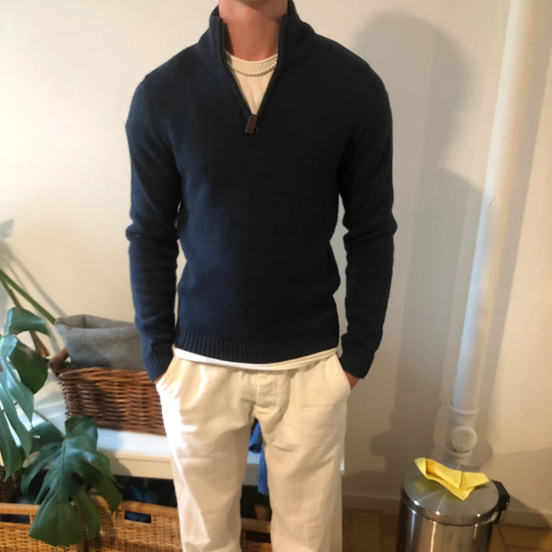 Half Zip blå stickad 