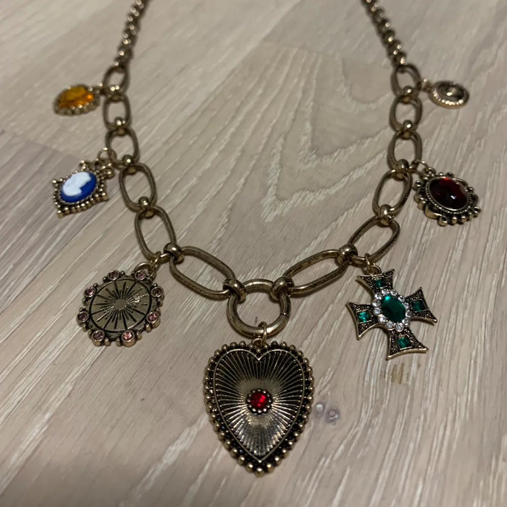 skiiitsnyggt statementhalsband för de som gillar maximalist jewelry💞 längden är väldigt justerbar och kan sitta som en choker och som ett längre halsband. osäker på materialet men den visar inga tecken på användning. svarar gärna på frågor❤️. Accessoarer.