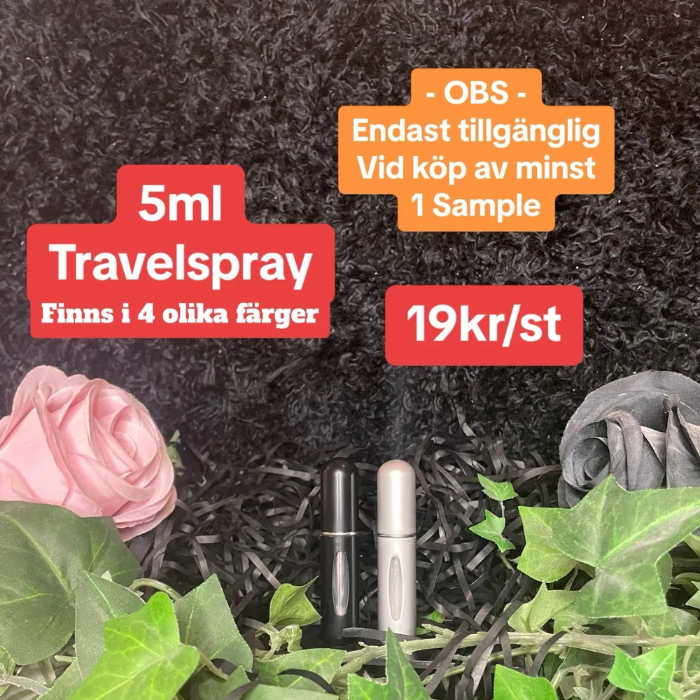 Säljer dessa travelsprays 19kr/st i storlek 5ml och de finns att välja mellan 4 olika färger (Svart⬛️, Silver⬜️, Röd🟥, Guld🟨. Övrigt.