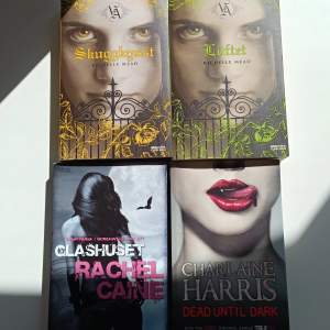 Skuggkyst & Löftet från Vampire Academy.  1=50 kr.  2= 100kr  Glashuset av Rachel Caine. 60 kr Dead Until Dark av Charlaine Harris. 40 kr Allt för 150 kr