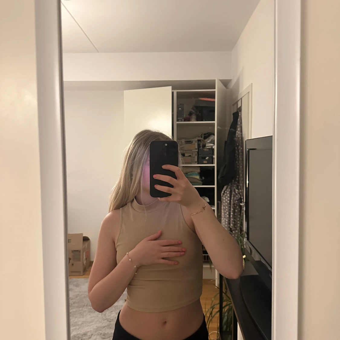 Beige ribbad topp - 90