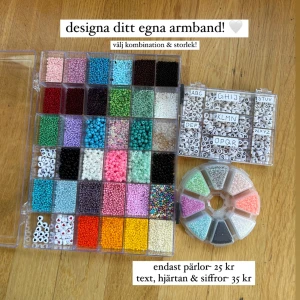Designa ditt egna armband! - Välj ditt eget armband! Standard storlek är 16,5 cm men kan göra mindre eller större! Armband med bara pärlor 25 kr, med bokstäver 35 kr. frakten tillkommer alltid på ENDAST 18 kronor eller via köp nu 