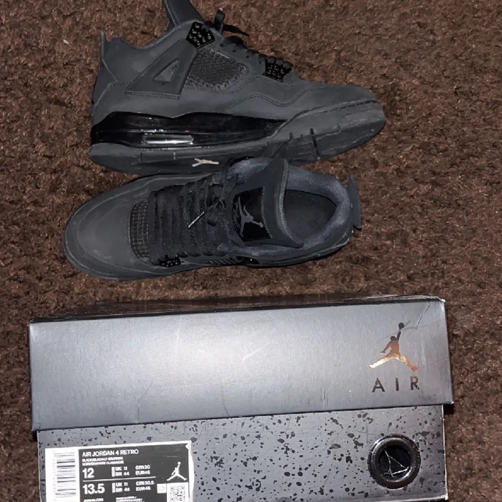 Jordan 4 black cats, storlek 46, köpta av en vän för 2999kr, box tillkommer, PM för att diskutera pris samt fler bilder.. Skor.