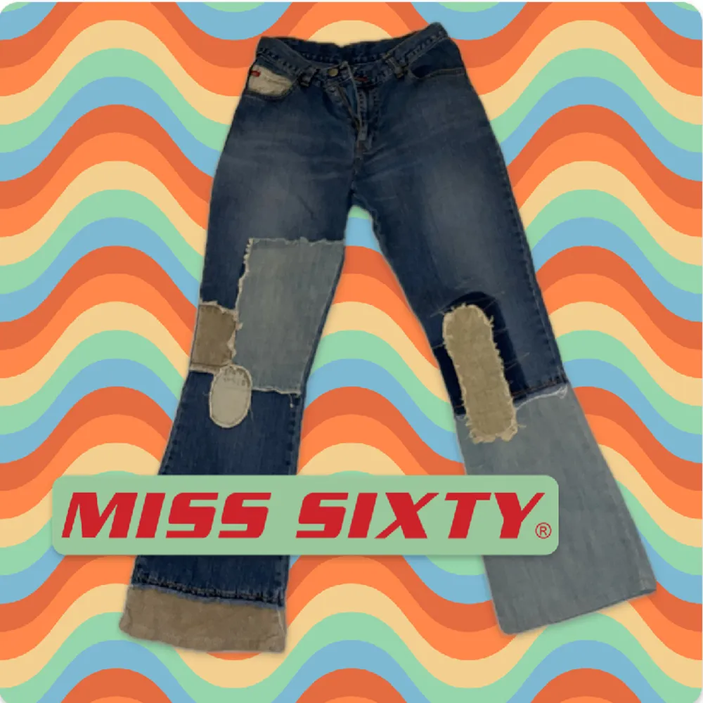 Sjuka vintagejeans från Miss Sixty med patchwork detaljer i bland annat manchester!  Passar Xs-s (lösa på xs). Jeans & Byxor.