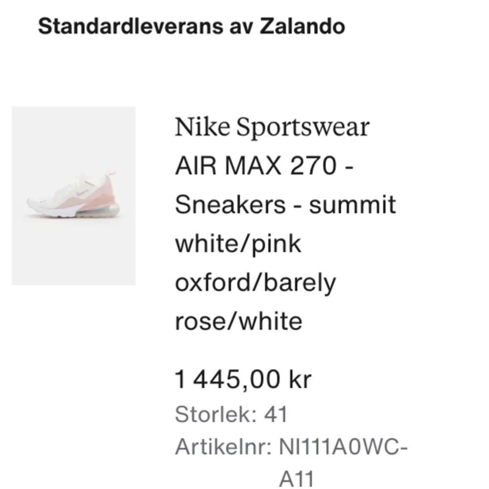 Nike air skor. använda fåtal gånger inget som är slitet. Köpta på Zalando orginalkartong finns att skicka med. Små i storleken står 41 men dom är som en 40. . Skor.