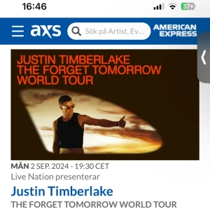 Konsert  - Säljer en ståplats biljett till Justin Timberlake den 2 september. Endast seriösa köpare 
