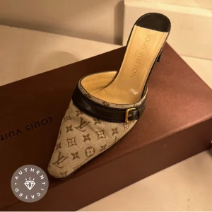 Louis Vuitton klackskor med monogram - Säljer ett par snygga Louis Vuitton klackskor med deras ikoniska monogrammönster. Skorna är beige med bruna detaljer och en liten klack. Perfekta för en elegant look!