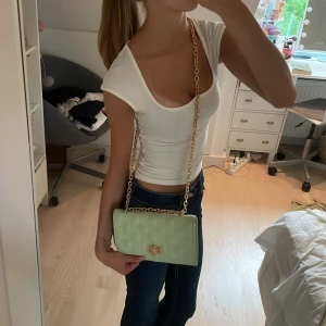 Mintgrön axelväska med guldkedja - Säljer en superfin mintgrön axelväska med mönster i materialet. Väskan har en guldkedja som axelrem och ett spänne framtill som blivit lite repigt (se på sista bilden) då har jag använt den flera gånger. Går enkelt att göra guldkedjan kortare om man föredrar det (som på bild nr 2)💕Köpte den för cirka 250 kr.