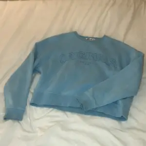 En blå tröja från New yorker, använd och har en liten fläck som inte syns särskilt mycket. Har tvättat den men fläcken försvinner inte. 