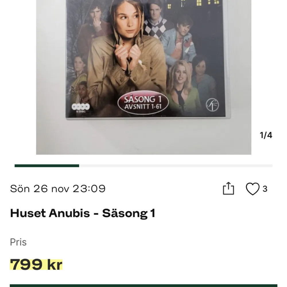 Säljer nu min Huset Anubis säsong 1 DVD, otroligt sällsynt och sälja oftast för upp till 1000kr på Tradera som syns i 3dje bilden. Har även säsong 2 ifall någon vill köpa båda så kan jag sälja båda för 850kr . Accessoarer.