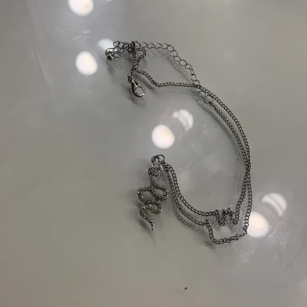 Ett silver halsband med en orm på. Aldrig använt men den är i bra skick och bekväm. Kommer inte ihåg vart jag köpte den. Obs! Förmodligen inte riktigt silver.. Accessoarer.