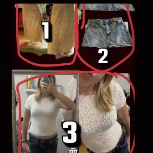 1:är en lång kjol i S 2: jeans shorts i M 3: T-shirt i S 4: storlek 40/42 5: storlek 38 6: storlek XS 7: i M 8: i 40 9: 34/36 10: 36 11: 40. Hoppas du fattar vilken storlek det är, annars kontakta mig. Den här var 1-11 den andra är 12-21, kolla den andra.