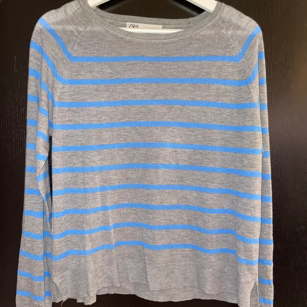 Jätte fin blå, grå randig tröja köpt på Zara!🤩Jätte fint skick!💗Köparen står för frakten😊. Toppar.