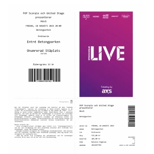 Hov 1 biljett  - En biljett till Hov1 i Stockholm/betongparken den 18 augusti kl 20.00! Ståplats! Pris kan dirkuters