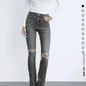 Säljer gråa zara jeans i strl 34 med slits längst ner. Klippta lite så passar en runt 160-164