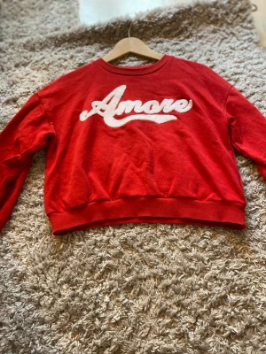 Röd Tjock tröja  - En röd tröja med vit text som är perfekt för hösten