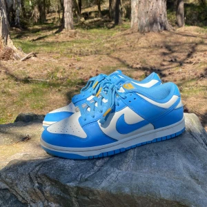 Dunk north Carolina blue  - Byter mina dunks har andvänt dem typ 2-3 gngr kom med förslag köpte dem nya för 6000 från StockX kommer med tag men tyvärr utan box den kommer med stock x tag stock x tagen har tyvärr en repa. Byter gjärna mot Valentinos eller loubs. Skorna är strl 42
