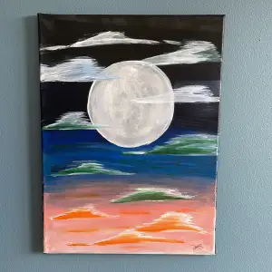 Ett relativt nymålat konstverk av en måne. Signerad av konstnären.