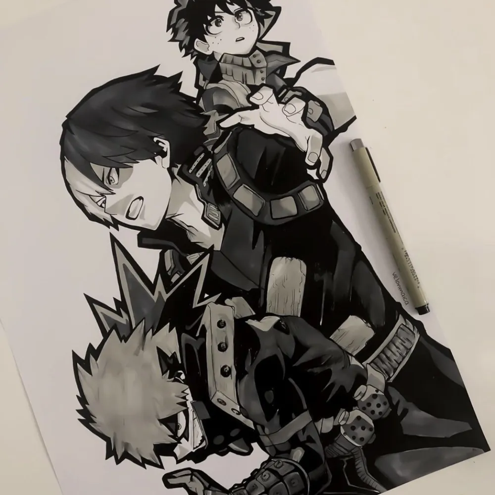 Drawing of the My Hero Academia characters Deku, todoroki ans baguko on thick paper with the size A3 paper put in black Ikea frame. Övrigt.