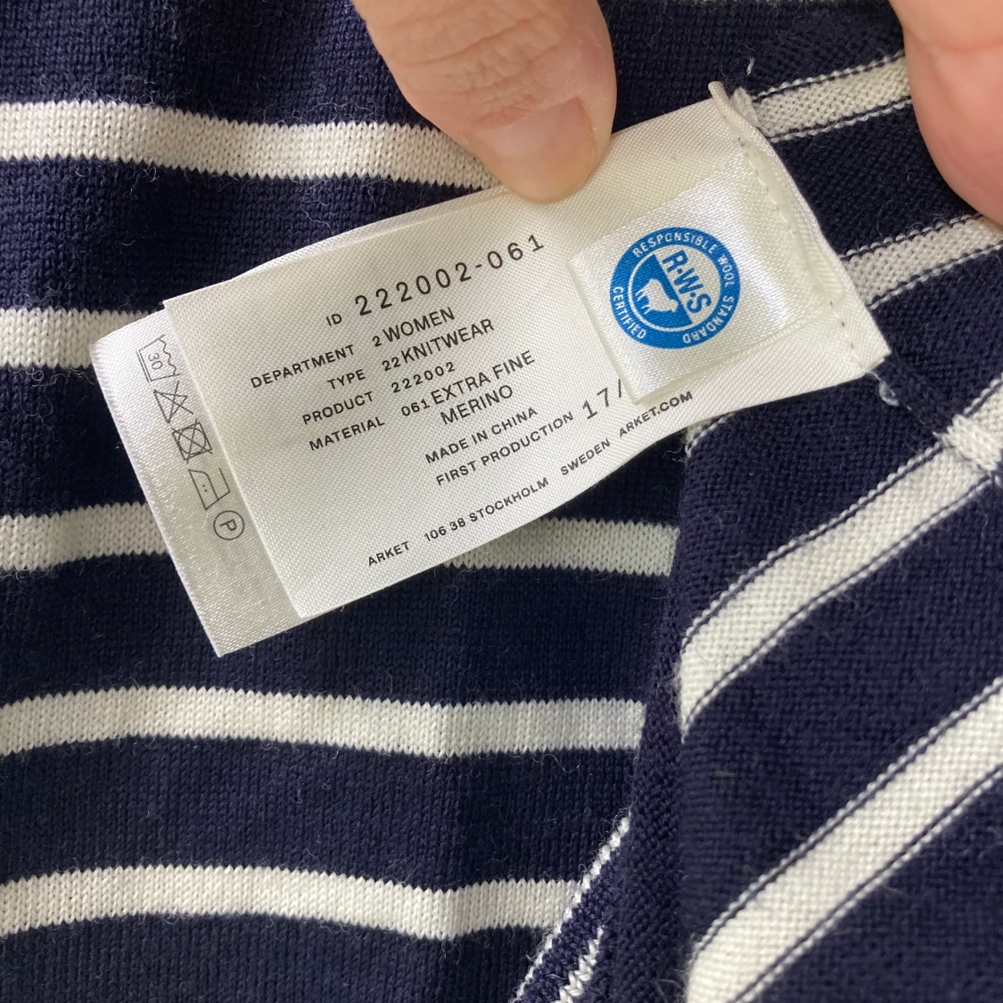 Randig ylletröja, marino-ull.  - 90