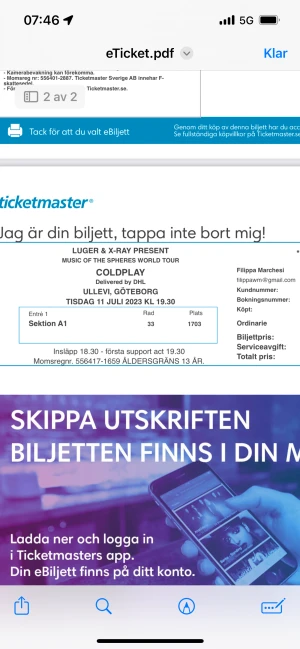 Coldplay biljetter  - 2 coldplay biljetter brevid varandra. Till ullevi 11 juli. Säljs för 1800 kr st. Sektion A1