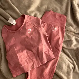 Säljer detta fina set i rosa från Gymshark då jag aldrig använder det. Tröjan och tightsen är båda i strl M och i väldigt fint skick. Tröjan är långärmad och croppad. 