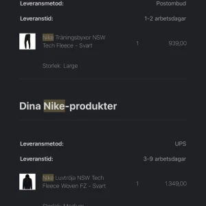 Svart Nike Tech - Säljer dena fina nike tech för att jag känner att det inte är min stil längre. Nyskick förutom snören till byxorna. Tröjan är storlek M och byxorna storlek L