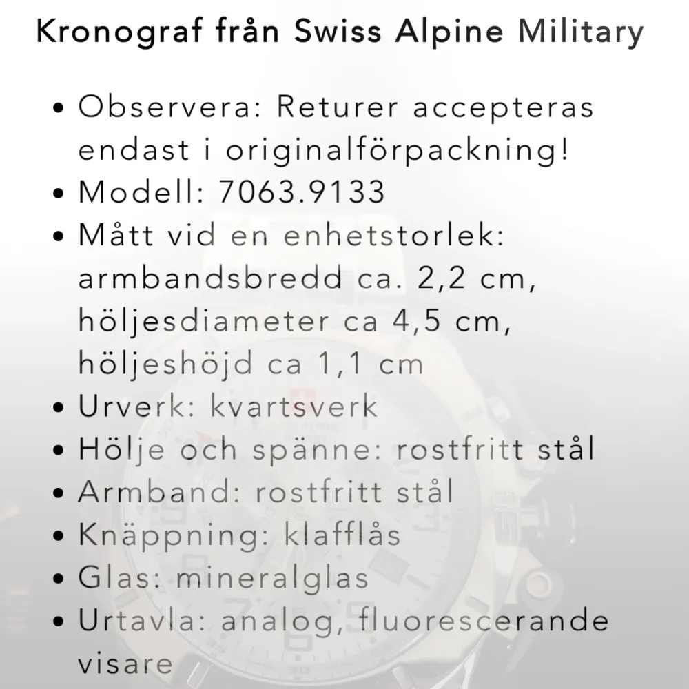 SWISS Alpine Military Watch/Klocka. Nyskick i orginalförpackning. Färg: Silver. Vattentålighet: 10 ATM. Butikspris: 5800 kr. (Se bilderna) . Accessoarer.