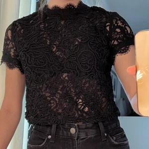 Topp i spets - Zara  - Svart topp / t-shirt i spets från Zara, i fint skick. Storlek M. Kort i modellen, har dragkedja på ryggen.