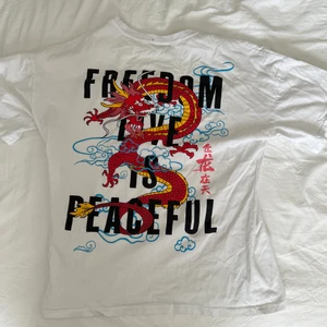Vit T-shirt med drake - En vit T-shirt i storlek M med tryck på ryggen. Fint skick. 60kr + frakt 49kr 🤍