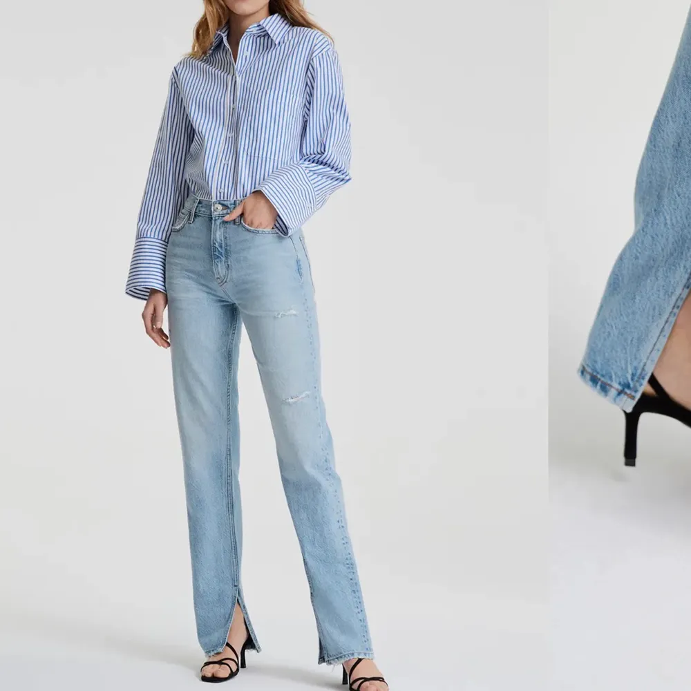 Jeans med slit från Gina Tricot, sååå fin färg och passform! Storlek 38. Som nya, köparen står för frakt💘. Jeans & Byxor.