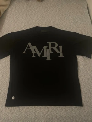 Amiri T-shirt - Svart t-shirt från AMIRI med stor grå logotyp på bröstet och en liten logga nere vid fållen. Klassisk passform och rund halsringning, perfekt för en stilren och trendig look.