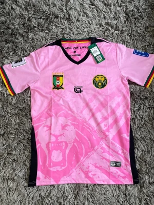 Rosa Kamerun fotbollströja Fourteen - Snygg rosa fotbollströja från Fourteen med Kameruns landslagslogga och lejonmotiv. Tröjan har svarta detaljer, V-ringning och färgglada muddar. Tillverkad i lätt och ventilerande polyester, perfekt för träning eller match.