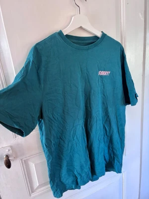 Grön T-shirt från Lager 157 - Säljer en grön t-shirt från Lager 157 med trycket 'SORRY!' i rosa på bröstet. T-shirten har rund hals och korta ärmar. Tillverkad i 100% bomull, perfekt för en avslappnad och cool stil.
