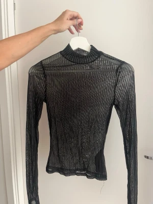 Svart ribbad mesh polotopp NA-KD - Säljer en svart, transparent mesh polotopp från NA-KD. Toppen är ribbad, har lång ärm och en hög krage. Perfekt att styla lager på lager eller till ett par snygga jeans. Superstretchigt material som sitter tight.