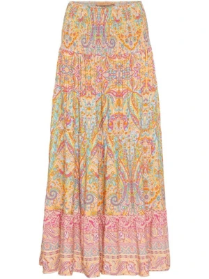 Marta du chateau långkjol med bohemiskt mönster - Säljer en långkjol i bohemisk stil med färgglatt blommigt och paisley-inspirerat mönster i rosa, orange, blått och gult. Kjolen har bred resår i midjan och volang längst ner. Perfekt för dig som gillar en avslappnad och färgstark look.