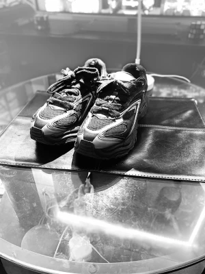 Svarta chunky sneakers med meshdetaljer - Säljer ett par svarta chunky sneakers med vita och grå detaljer. Skorna har en kraftig sula och meshpaneler för extra ventilation. Snygg sportig look med snörning och kontrasterande mönster på sidorna. Perfekta för dig som gillar streetwear och vill sticka ut.