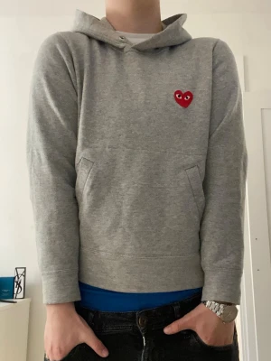 Grå hoodie från Comme des Garçons Play - Säljer en grå hoodie från Comme des Garçons Play. CDG är små i storlek så passar bättre XS. Riktigt snygg och passar till det mesta, har använt den en del men den är i bra skick utan några defekter! Vid frågor är det bara att skriva privat. Passar ca 163-172. Är själv 175 och är för liten för mig 
