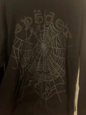 Svart SP5DER hoodie med spindelnät -  Pris kan diskuteras. Svart hoodie från SP5DER med stort vitt spindelnätsmönster och logga i graffiti-stil på ryggen. Hoodien har en klassisk passform och är gjord i mjukt material, perfekt för dig som gillar streetwear och unika prints.