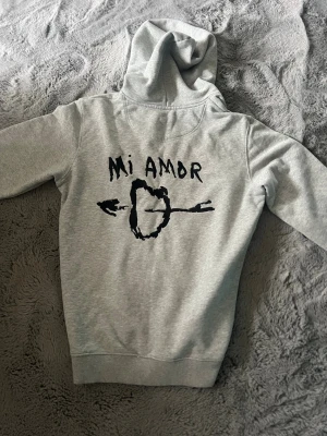 Grå hoodie med tryck 'Mi Amor' - Säljer en ljusgrå hoodie med huva och dragsnören. På ryggen finns ett svart tryck med texten 'Mi Amor' och ett handritat hjärta genomborrat av en pil. Klassisk känguruficka framtill och ribbade muddar. Perfekt för en chill och avslappnad stil.