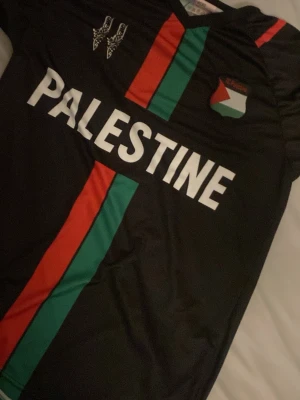 Svart FC Palestina fotbollströja - Snygg svart fotbollströja från FC Palestina med texten 'PALESTINE' över bröstet. Tröjan har röda och gröna ränder samt klubbmärke med palestinska flaggan. Perfekt för dig som vill visa ditt stöd på planen eller läktaren. Dessutom kommer du inte att hitta någon med bättre pris än detta som erbjuder samma kvalite