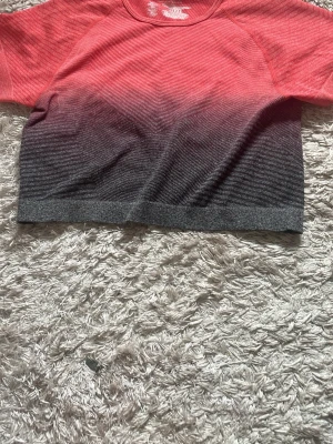 Röd och svart tränings-tshirt WORKOUT - Snygg tränings-tshirt från WORKOUT i storlek L. T-shirten har en cool ombre-effekt från rött upptill till svart nedtill och är tillverkad i ett lätt och stretchigt material som andas. Perfekt för gymmet eller löprundan.