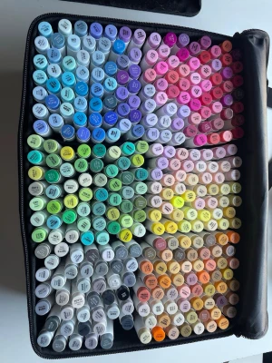 Ohuhu Honolulu B markers 320 - Säljer ett set med 320 Ohuhu Honolulu B alkoholbaserade markers + en colorless blender. Endast använda ett fåtal gånger och alla funkar som dom ska, förvarade liggande. Pennorna är i fine och brush.Följer med färdiga swatchkort och ett skyddspapper i plast. Nypris: 2441kr.