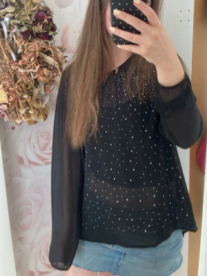 Svart transparent blus med strass - Snygg svart transparent blus från INSTINCT med långa ärmar och rund halsringning. Blusen är dekorerad med små glittrande strassdetaljer framtill som ger en extra touch. Den är lite längre på baksidan. Perfekt att styla lager på lager. Materialet är tunt och luftigt❣️