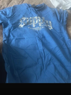 Blå t-shirt Supply - Blå t-shirt från Supply med vit tryckt logga på bröstet i gotisk stil. Klassisk passform med korta ärmar och rund hals. Perfekt för en avslappnad streetwear-look.