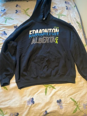 Svart Edmonton Alberta hoodie - Cool svart hoodie med trycket 'EDMONTON ALBERTA CA' i vitt, blått och grönt på bröstet. Klassisk känguruficka framtill och stor huva. Perfekt för dig som gillar streetwear och vill ha en chill look. Mjuk bomullskänsla och ribbade muddar vid ärmar och nederkant.