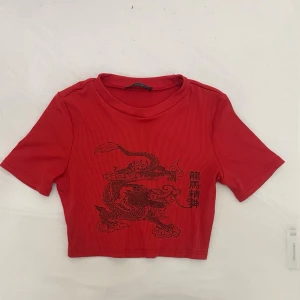Röd croppad topp med draktryck - Cool röd croppad topp med svart drakmotiv och asiatiska tecken framtill. Toppen har korta ärmar och ribbad struktur som ger en snygg detalj. Perfekt för dig som vill sticka ut med en unik och trendig stil.