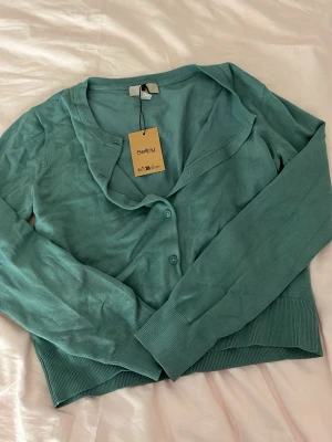 Turkos kofta från H&M - Snygg turkos kofta från H&M med rund halsringning och knäppning framtill. Tillverkad i mjukt, tunt stickat material med ribbade muddar vid ärmslut och nederkant. Perfekt att slänga över en topp för en chill look.