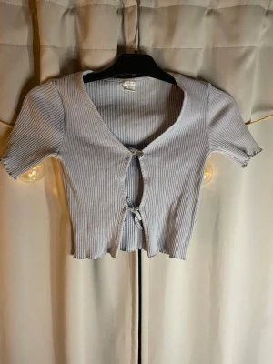 Ljusblå ribbad topp från Lindex - Säljer en ljusblå ribbad topp från Lindex med korta ärmar och två knyt framtill. Toppen är croppad och har en v-ringad urringning. Perfekt för dig som gillar en enkel men trendig stil.